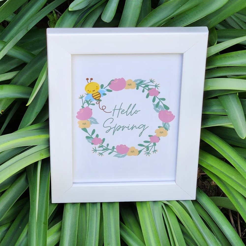 Hello Spring Framed Picture 5x7, Nursery Wall Art, Bee & Flowers